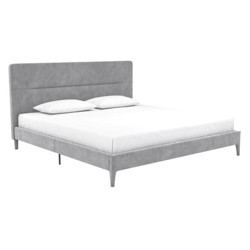 King-Size Light Gray Velvet Upholstered Bed with Minimalist Tufted Headboard