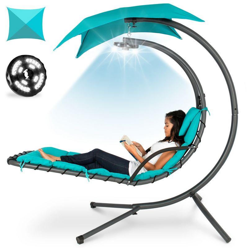 Teal Hanging LED-Lit Curved Chaise Lounge Chair with Canopy and Stand