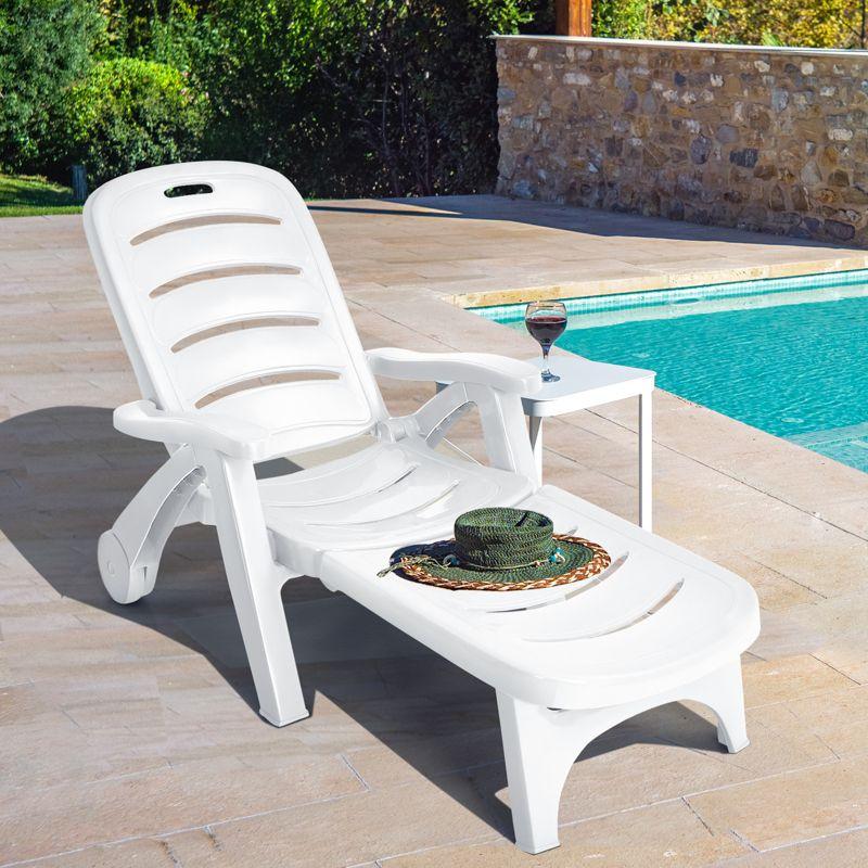 Coastal Breeze White PP Outdoor Folding Chaise Lounge with Wheels