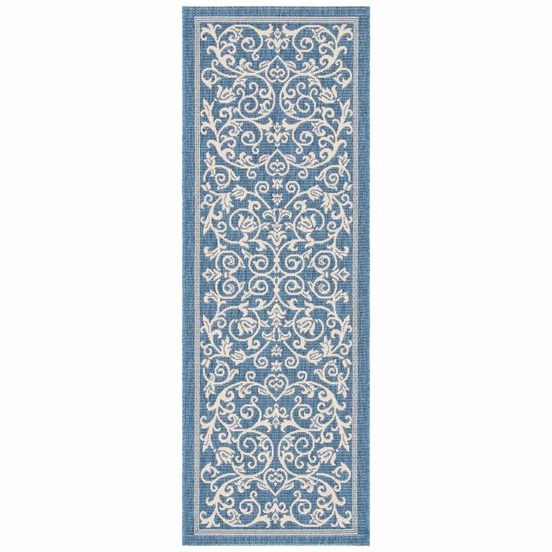 Blue Floral Synthetic Outdoor Runner Rug with Baroque Print