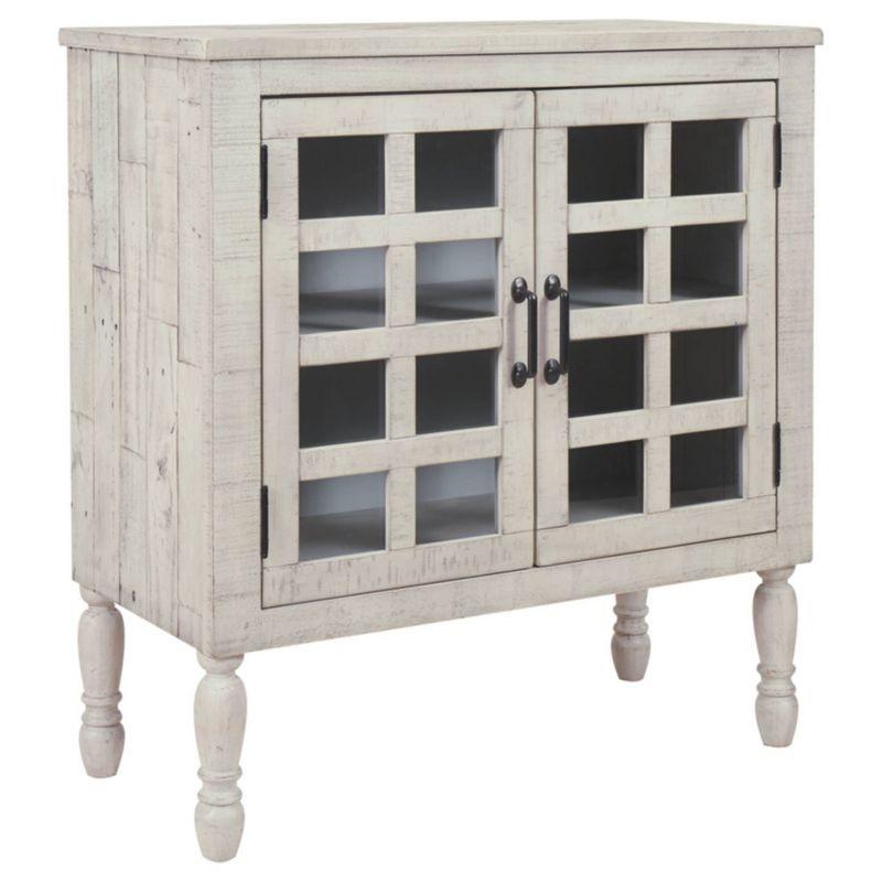 Falkgate Accent Cabinet Whitewash - Signature Design by Ashley: Antique Bronze Pulls, Glass Lattice Doors