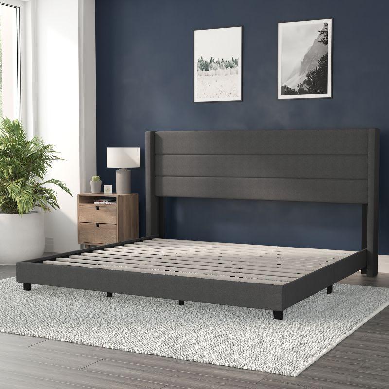 Flash Furniture King Size Upholstered Platform Bed with Wingback Headboard-Charcoal Faux Linen