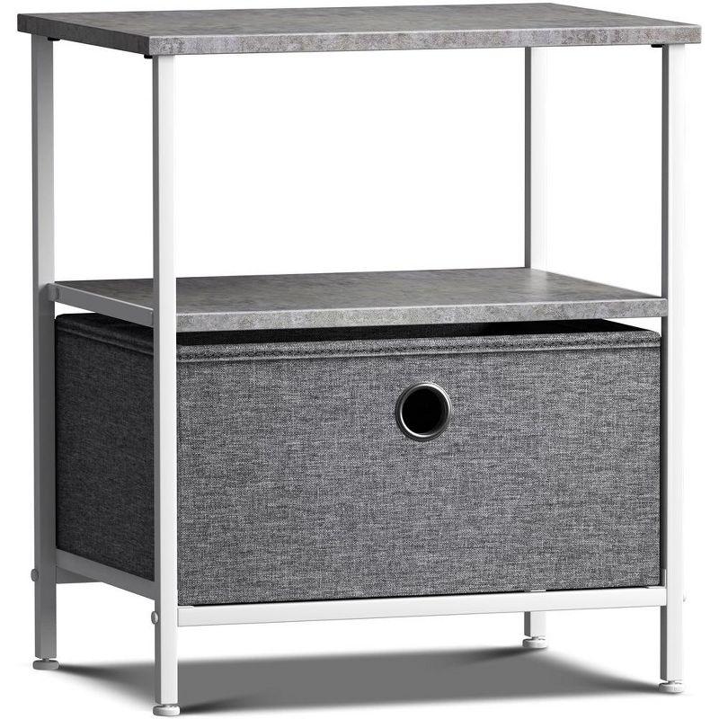 Compact Gray Steel & Wood Nightstand with Fabric Drawer