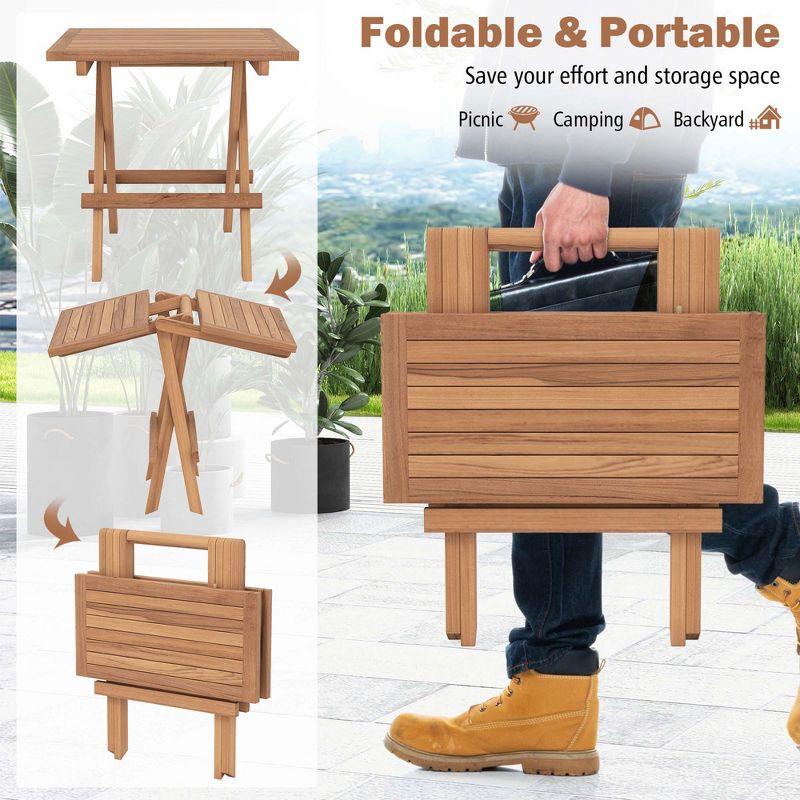 Costway Patio Folding Side Table Indonesia Teak Wood Square Slatted Tabletop Portable Picnic