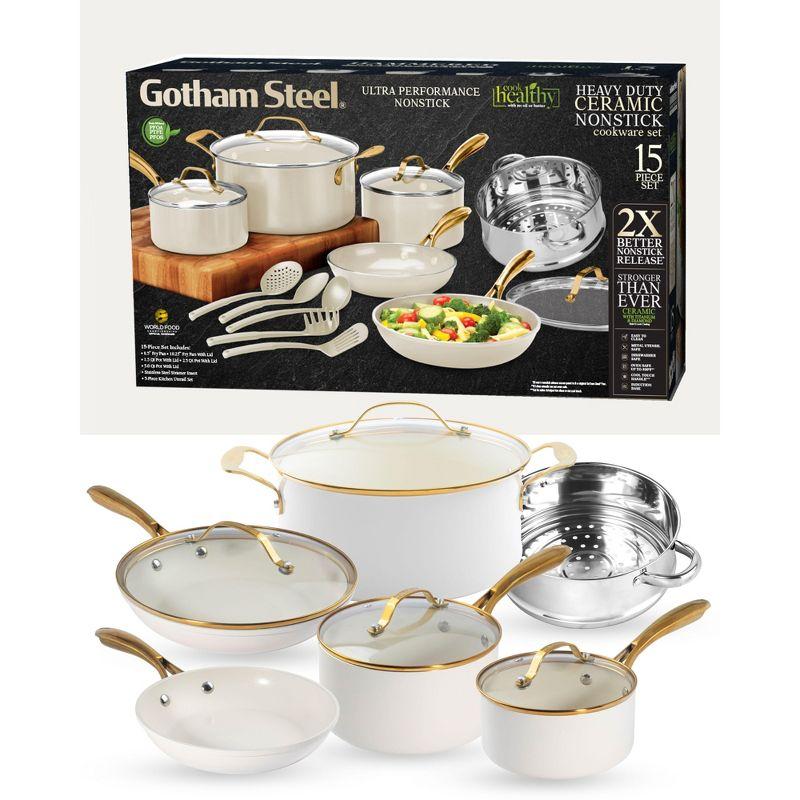 Gotham Steel Cream 15-Piece Ultra Nonstick Ceramic Cookware Set with Utensils with Gold Handles