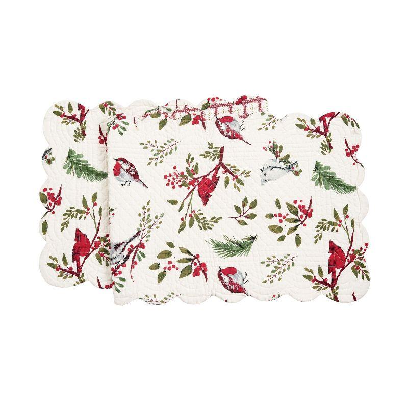 Winter Birds Cotton Table Runner with Holly Sprigs