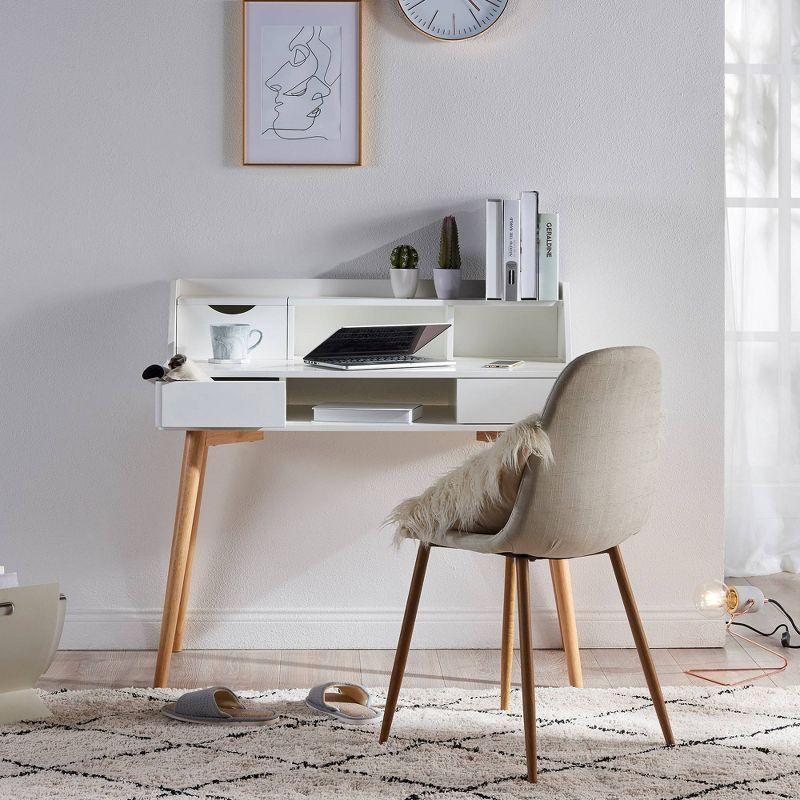 Modern White/Natural Wood Writing Desk with Hutch and Drawers