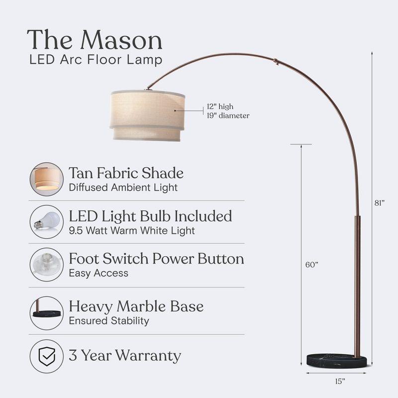 Mason 81 in. Modern Adjustable LED Arched Standing Floor Lamp with Fabric Drum Shade and Weighted Marble Base