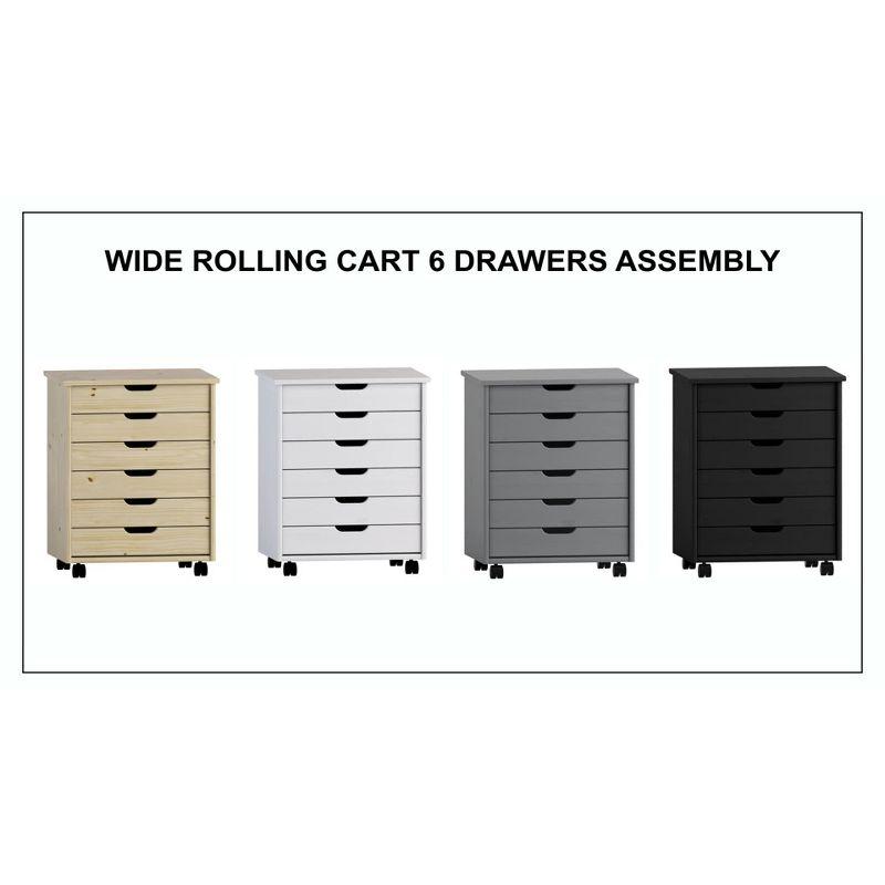 Cary Transitional 6 Drawer Solid Wood Contoured Handle Cut Out Wide Roll Cart Black - Linon: Pine Frame, Farmhouse Style, Portable Storage