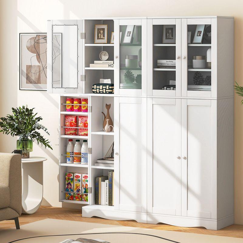 White Tall Kitchen Pantry Storage Cabinet with Glass Doors