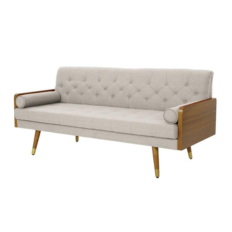 GDFStudio Aidan Mid Century Modern 72.25" Tufted Upholstered 3 Seater Sofa，Beige/Dark Walnut/Gold
