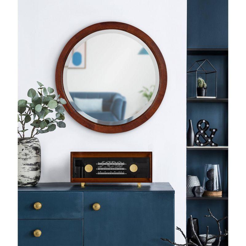 18" x 18" Hogan Round Framed Decorative Wall Mirror Walnut Brown - Kate & Laurel: Modern Poplar Wood, Wall Mount