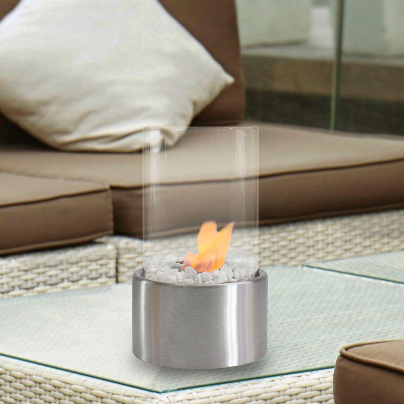 10.5" Silver Bio Ethanol Tabletop Fireplace with Glass Panels