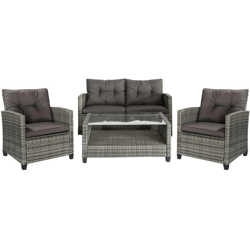 Outsunnny 4 Piece Patio Furniture Set, Outdoor Wicker Loveseat Sofa & Chairs, with 2-Tier Coffee Table & Tufted Cushions, Carbonized