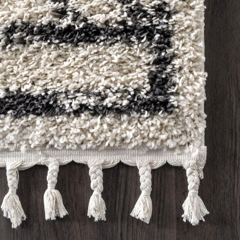 Off-White Synthetic Braided Shag Rug with Moroccan Tassels