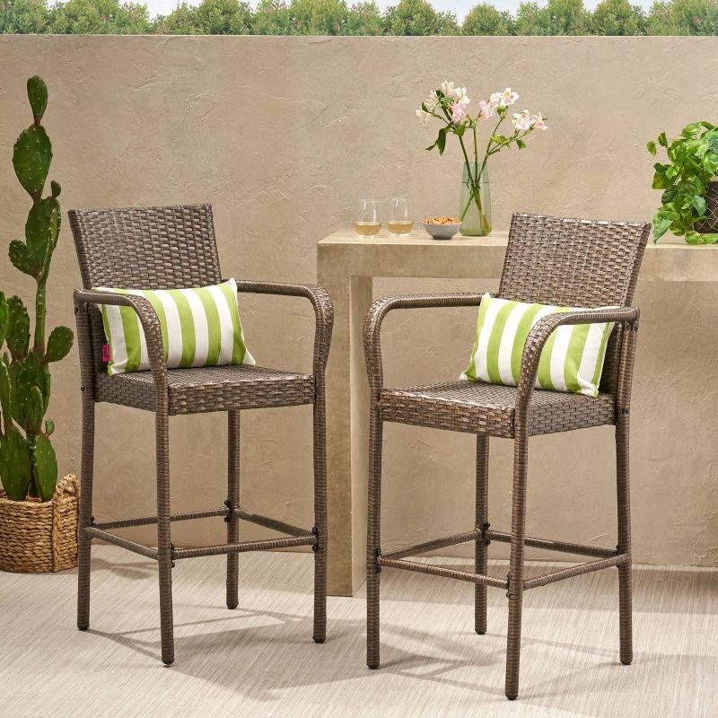 Delfina 2pk Wicker Barstool - Mix Mocha - Christopher Knight Home: UV & Weather-Resistant, Powder-Coated Frame