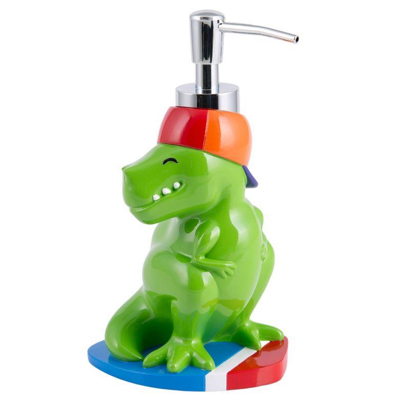 Allure Home Surfin Dino Kids' 3pc Bath Set: Resin Bathroom Accessories, Soap Dispenser, Toothbrush Holder, Tumbler