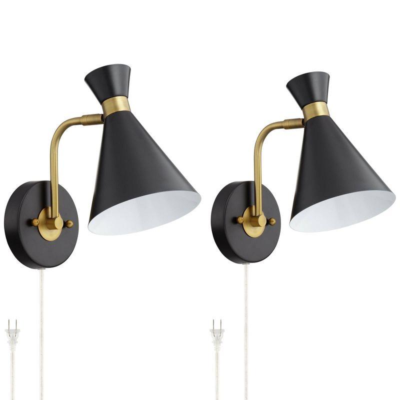 360 Lighting Venice Mid Century Modern Wall Lamps Set of 2 Matte Black Brass Plug-in 6 1/4" Light Fixture Cone Shade for Bedroom Reading Living Room