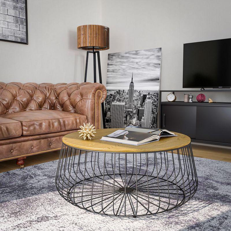 LeisureMod Runswick Mid Century Modern Round Coffee Ash Veneer Top with Black Wire Steel Base Design Accent Table