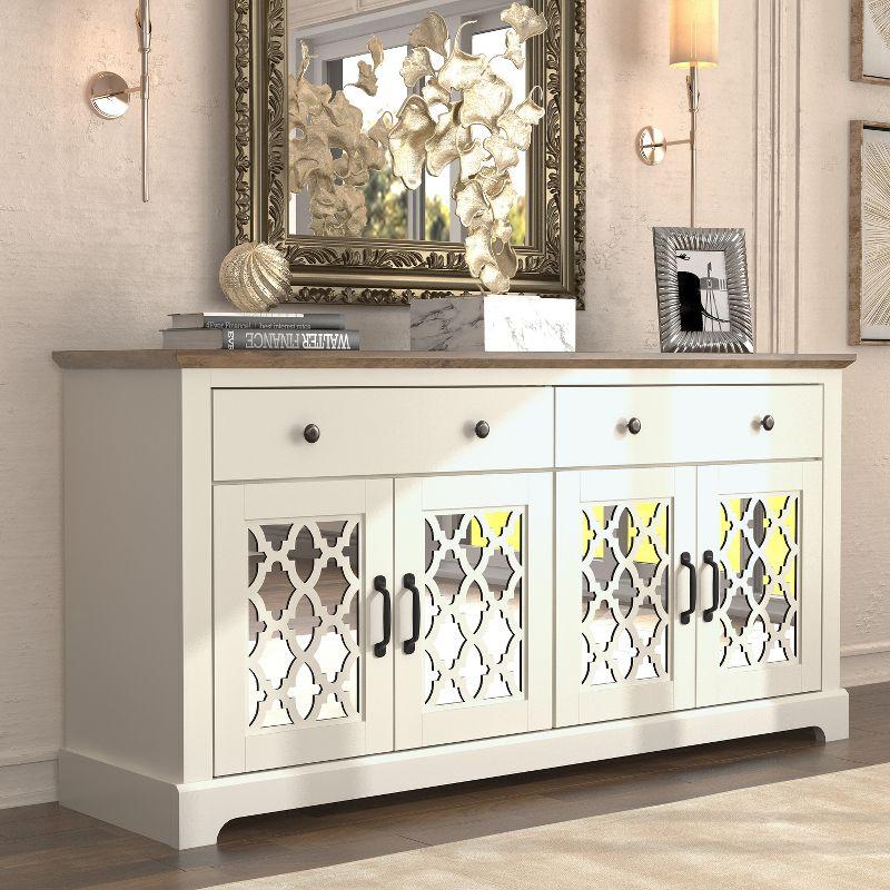 Galano Heron Ivory and Knotty Oak Wood 59.1in. 4 Door Wide Sideboard with Adjustable Shelves and Drawers Galano
