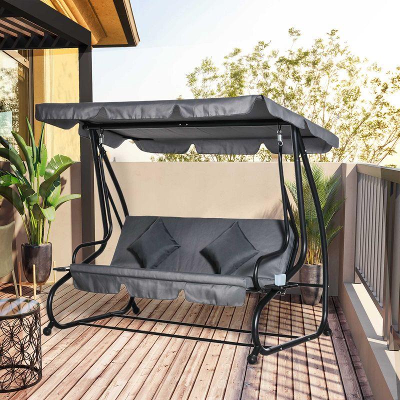 Outsunny 3 Seat Outdoor Free Standing Swing Bench Porch Swing with Stand, Comfortable Cushioned Fabric & Included Canopy, Gray