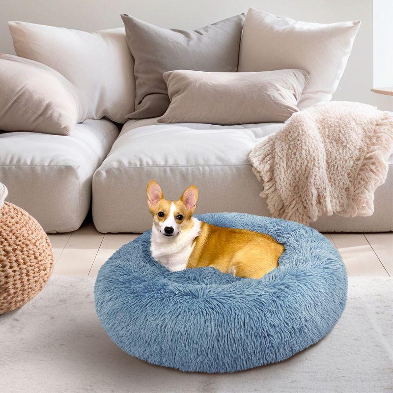PetAmi Calming Dog Bed for Puppy Cat Kitten, Round Washable Pet Bed, Anti Anxiety Cuddler, Fluffy Plush Circular Donut Bed (Dusty Blue, Small - 23")
