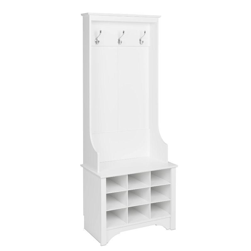 27" Narrow Hall Tree with 9 Shoe Cubbies White - Prepac: Modern Entryway Organizer, Mudroom Storage, Metal Hooks