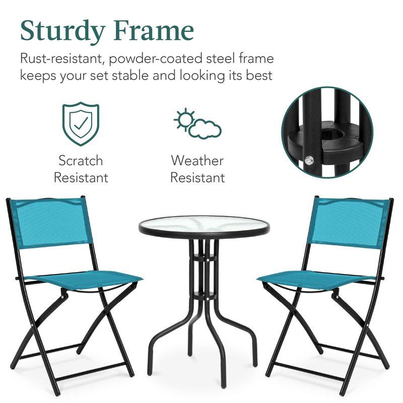 George Oliver 3-Piece Patio Bistro Dining Furniture Set W/ Glass Tabletop, Folding Chairs