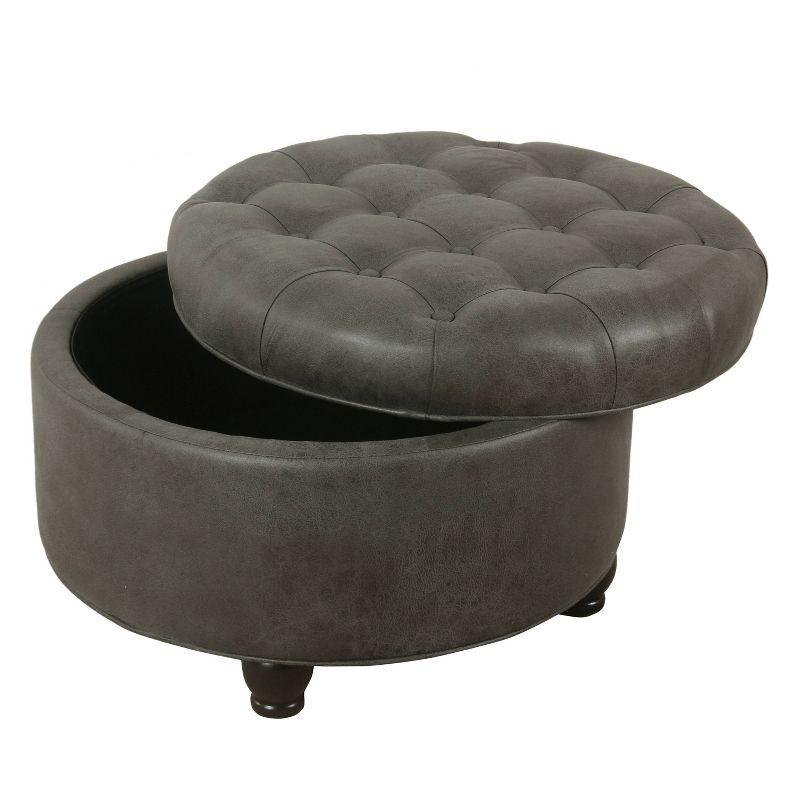 Large Tufted Round Storage Ottoman Faux Leather Gray - HomePop: Modern Upholstered Bench with Hardwood Frame