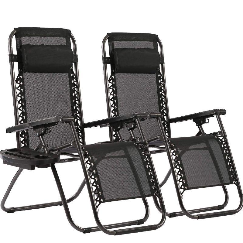 Black Steel Zero Gravity Reclining Outdoor Lounge Chairs with Cup Holder, Set of 2