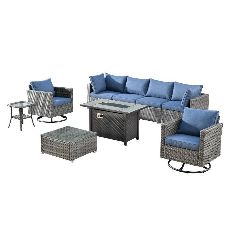 Venice 9-Piece Gray Wicker Patio Sofa Set with Denim Blue Cushions and Copper Fire Pit