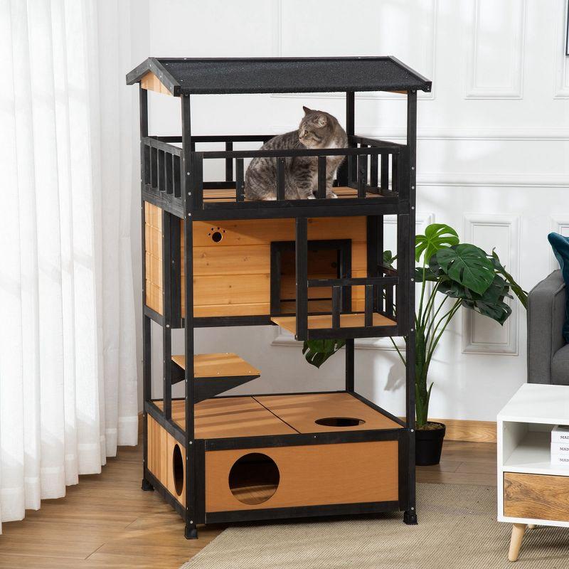 Yellow and Black Wooden Outdoor Cat House with Asphalt Roof