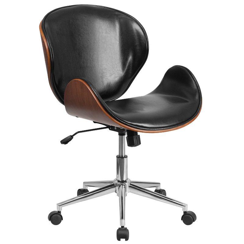 Walnut Frame Black Leather Mid-Back Executive Swivel Office Chair