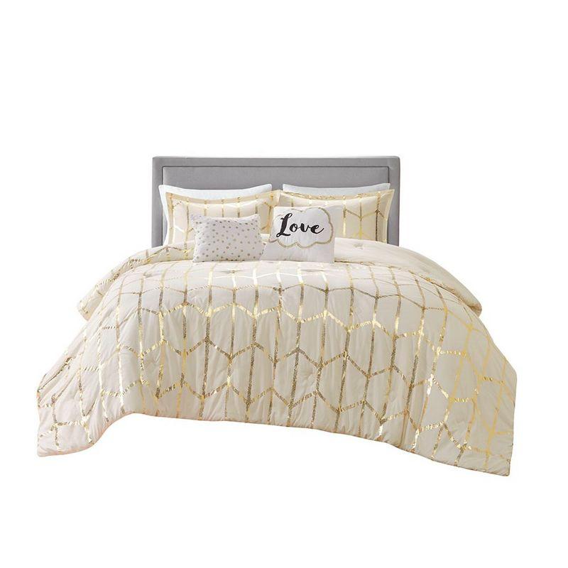 Ivory and Gold Twin Microfiber Geometric Comforter Set