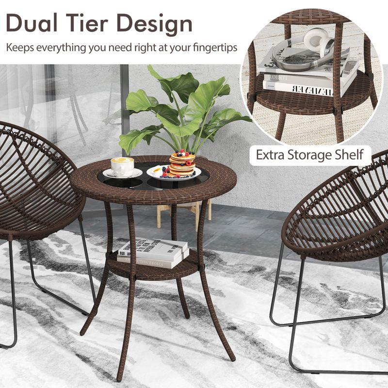 Tangkula Outdoor Side Table with Storage PE Wicker Patio Bistro Table with Tempered Glass Tabletop