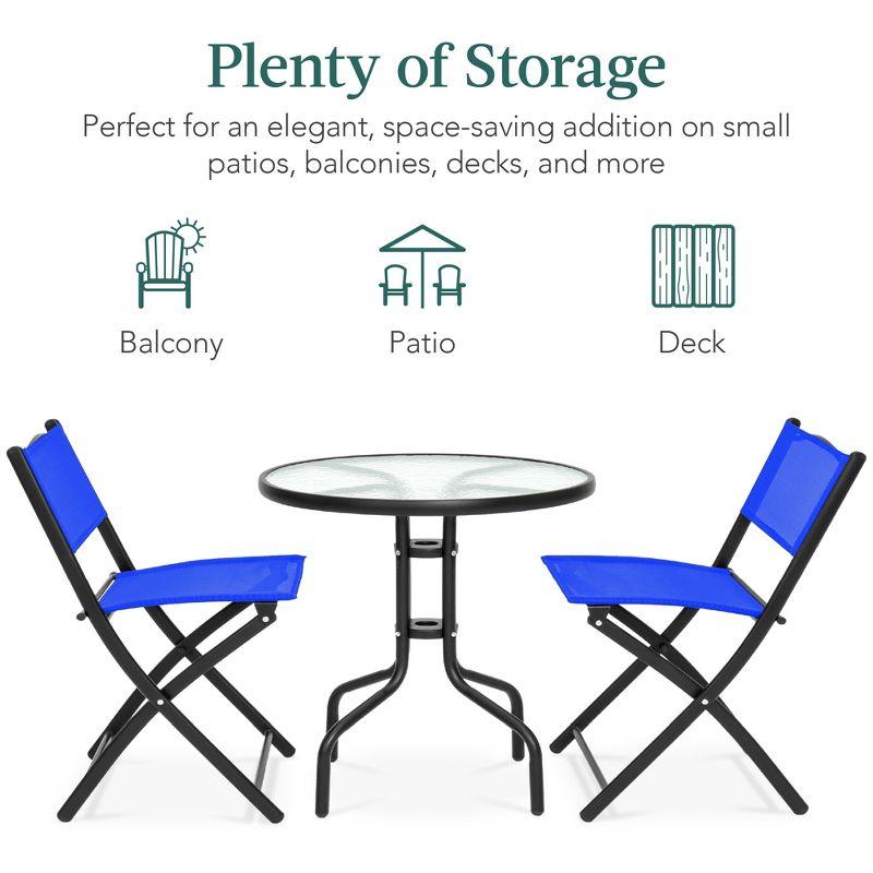 George Oliver 3-Piece Patio Bistro Dining Furniture Set W/ Glass Tabletop, Folding Chairs