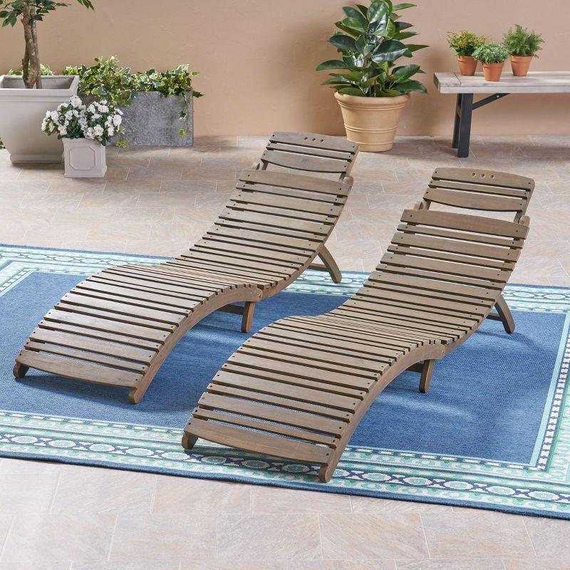 Christopher Knight Home Lisbon Outdoor Acacia Wood Folding Armless Chaise Lounge (Set of 2), Gray