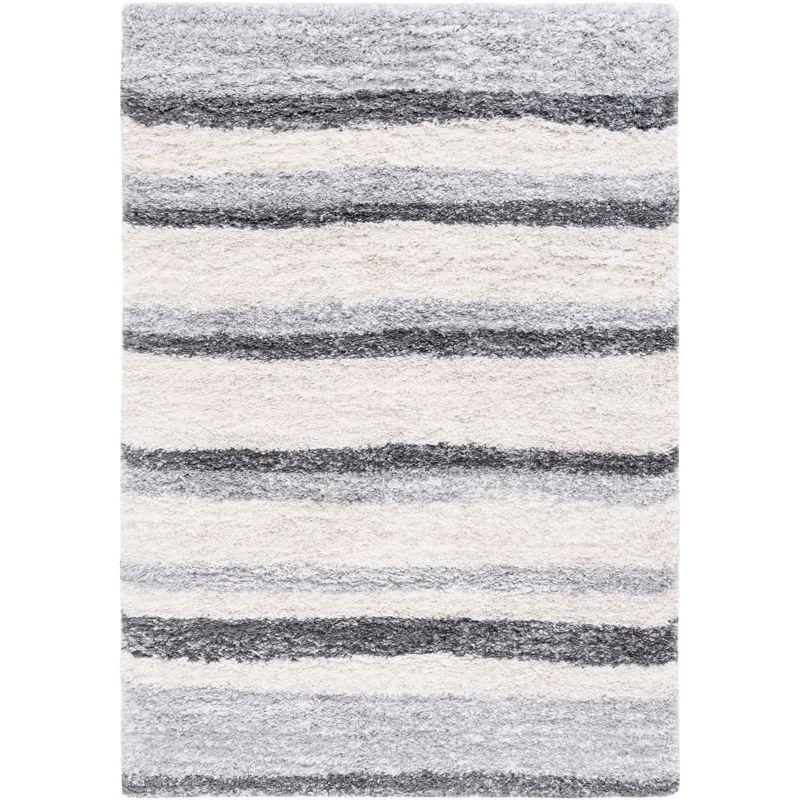 Ivory and Grey Striped Synthetic Shag Area Rug