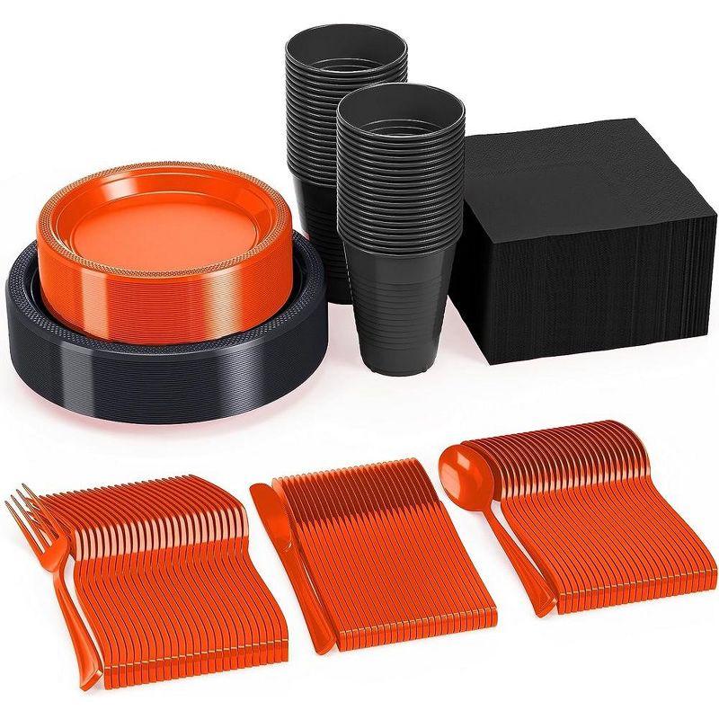 Crown Display 350 Piece Black and Orange Halloween Disposable Plastic Dinnerware party set- Serves 50