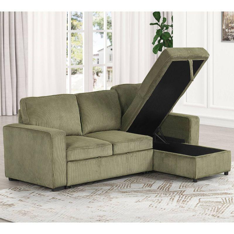 HOMES: Inside + Out Paeke Sleeper Sectional Sofa Corduroy with Storage Chaise and Reversible Green