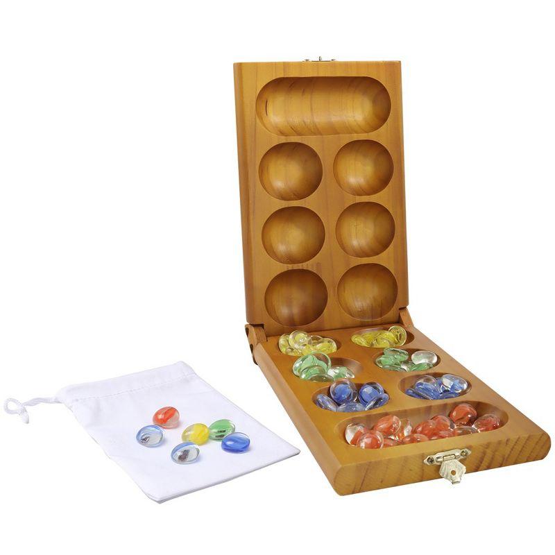 GSE Folding Wooden Mancala Board Game with Multi-Color Glass Stones and Storage Bag, Travel Game - Oak