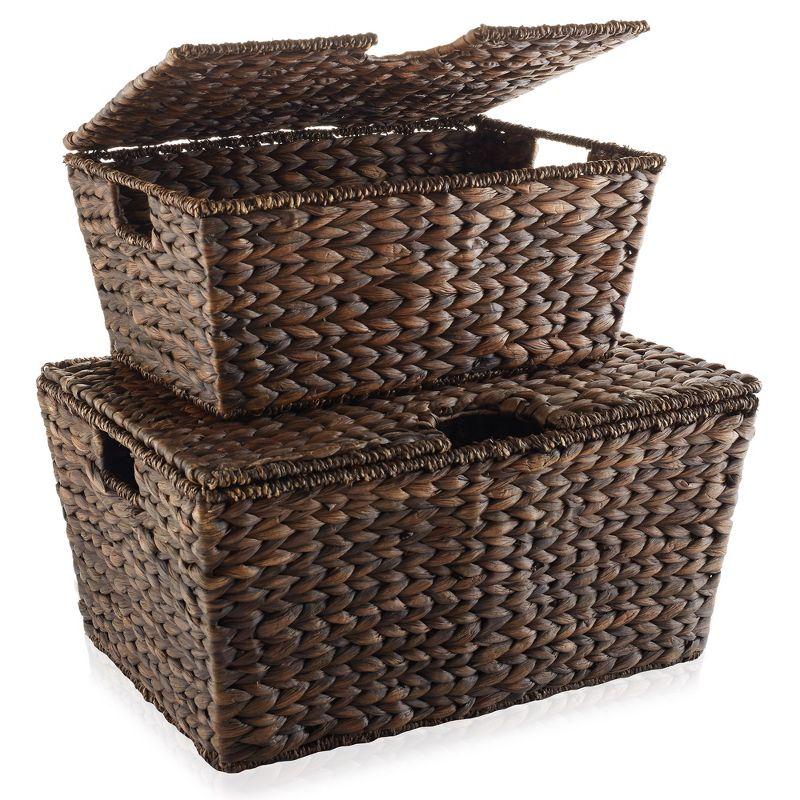 Casafield Water Hyacinth Lidded Storage Basket Sets,  Multipurpose Organizer Totes with Tapered Bottoms