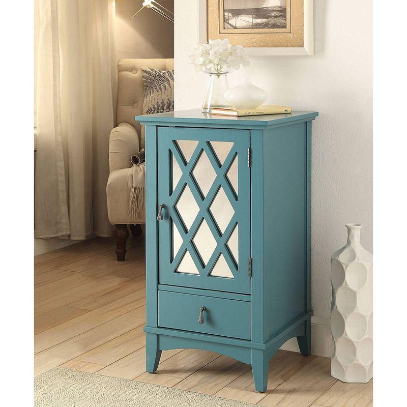 Teal Mirrored Glass Door Accent Table with Storage