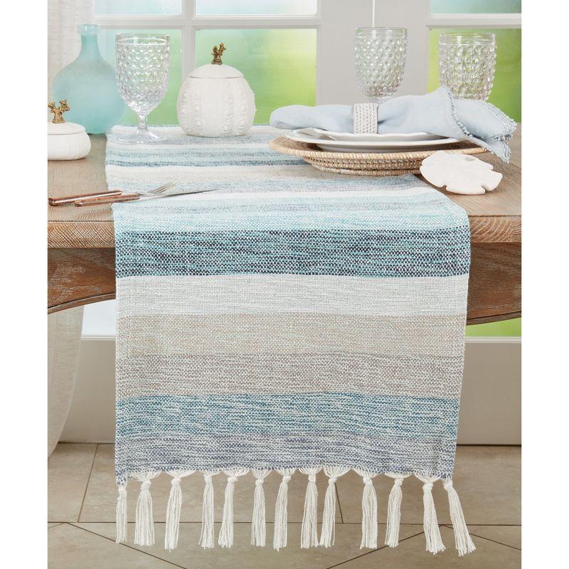 Coastal Blue Striped Cotton Table Runner with Fringe