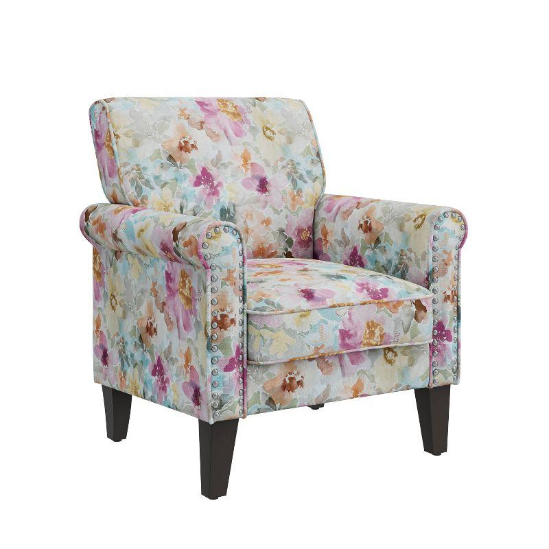 Handy Living Janet Traditional Rolled Arm Accent Chair with Pewter Nailheads Floral Pattern Pink