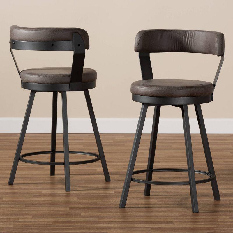 Set of 2 Arcene Faux Leather Upholstered Pub Counter Height Barstools Gray/Black - Baxton Studio: Polyester, Metal Frame, Curved Back