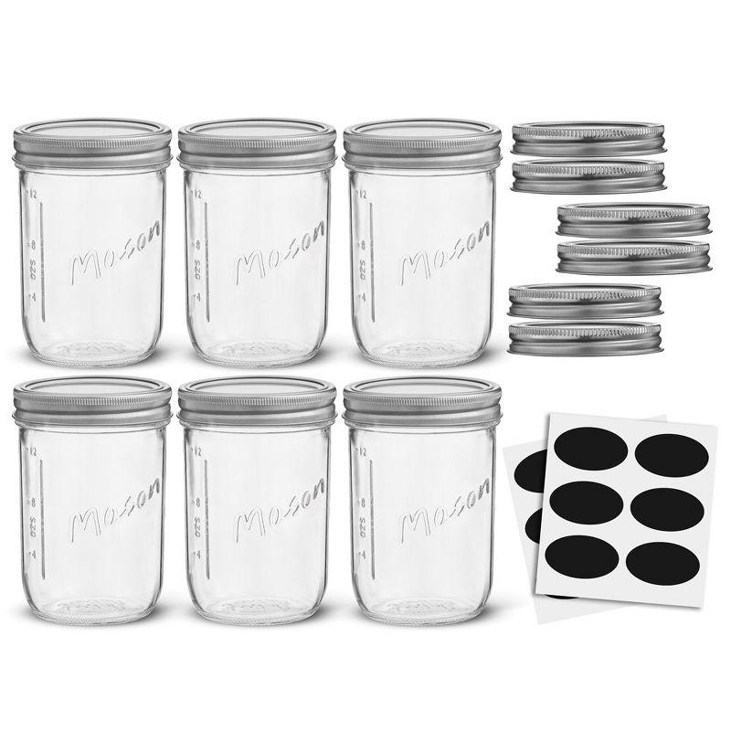 JoyJolt Wide Mason Jars with Airtight Lids, Labels and Measures - 16 oz - Set of 6