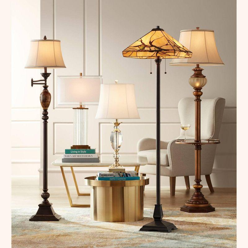 Kathy Ireland Vintage Swing Arm Floor Lamp 61" Tall Bronze Marble Font Faux Silk Shade for Living Room Reading House Bedroom Home