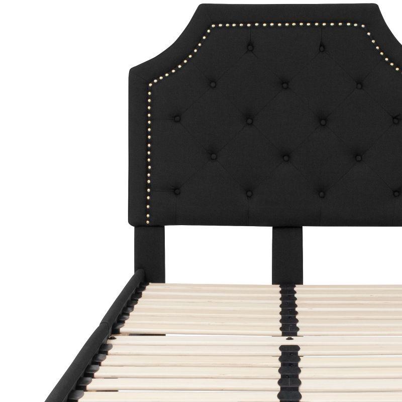 Elegant Twin-Sized Black Upholstered Bed with Tufted Headboard and Gold Nailhead Trim