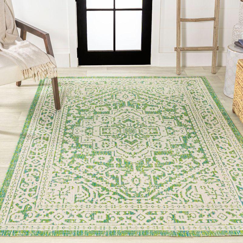 8' x 10' Sinjuri Medallion Textured Weave Indoor/Outdoor Area Rug, Cream/Green - JONATHAN Y